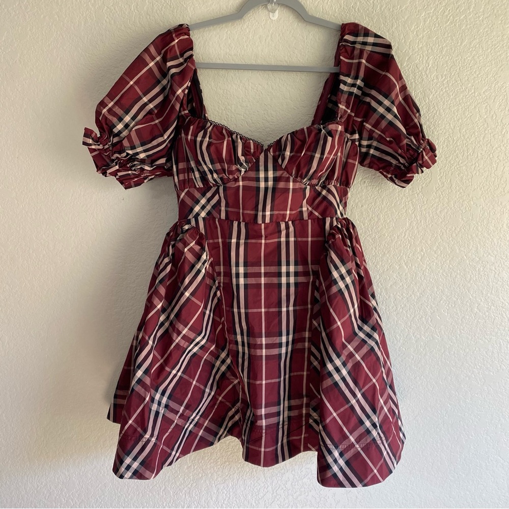 Anthropologie Maeve Red Tartan Plaid Puff Sleeve Mini Dress